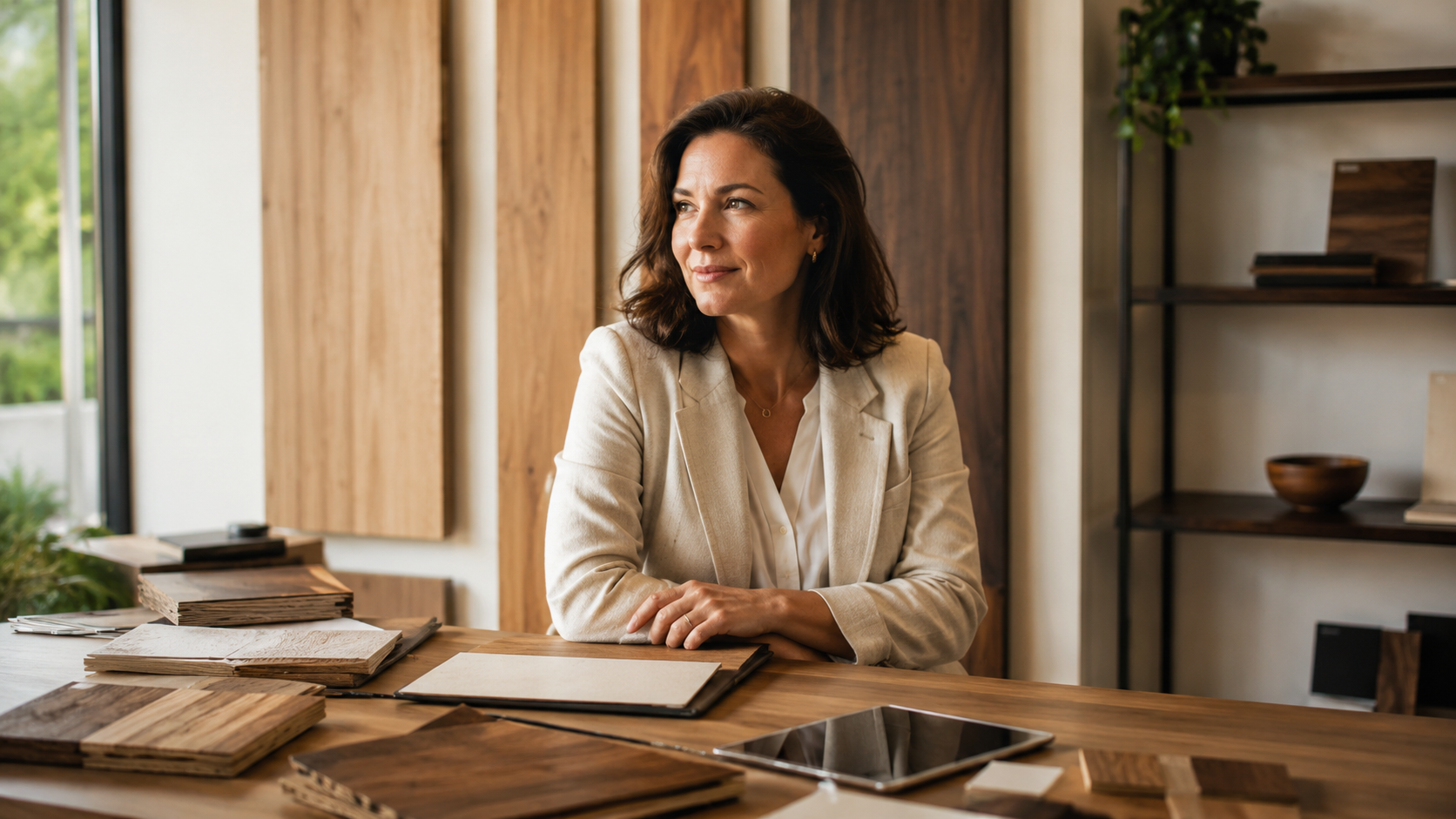 Woman sitting at a desk in a bright office, surrounded by work materials and shelvin