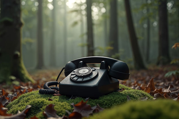 A vintage black rotary telephone resting on a mossy mound in a peaceful, sunlit forest, serving as a creative visual for Danzer’s contact and governance information.
